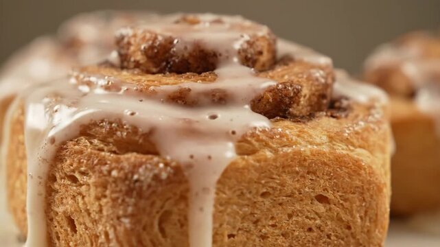 Extreme close-up of a fresh baked cinnamon roll drizzled with thick cream cheese icing glaze dripping down the sides