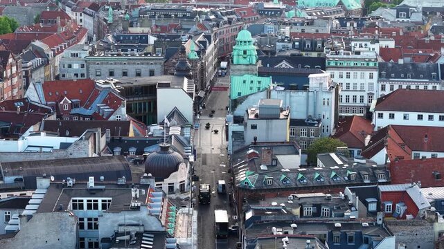 Aerial view of Stroget shopping street landmark, Copenhagen, Denmark