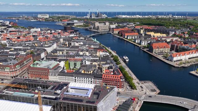 Aerial footage of Copenhagen harbor and city center, Copenhagen, Denmark