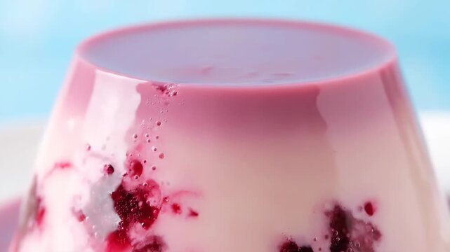 Close-up macro shot of creamy pink berry panna cotta or pudding dessert with glossy top layer and swirling fruit inclusions against a bright blue background