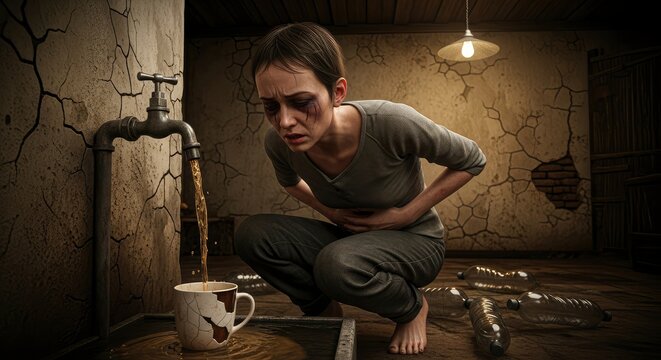 Young woman suffering from stomach pain next to a tap with contaminated brown water, depicting poverty and global water crisis