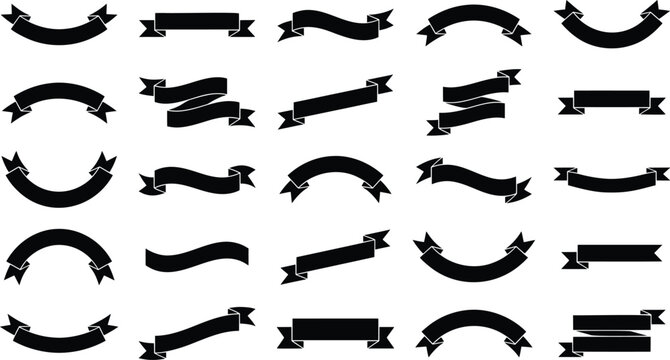 Vintage black ribbon banners set, 25 decorative scroll silhouettes, classic heraldic flag elements for logo design and labels, vector EPS collection