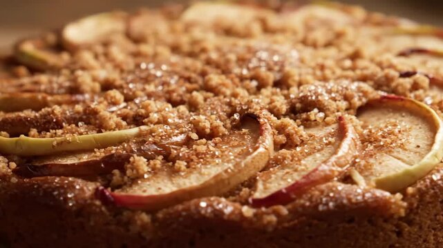 Delicious homemade apple crumble cake close-up, featuring detailed streusel topping, visible sliced fruit, coarse sugar crystals, and rich textured crust.