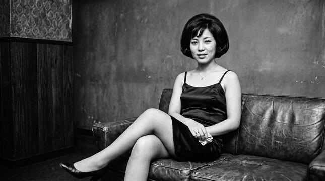 昭和の日本人女性：昭和40年代のキャバレーでキャミソールドレスをまとい、ソファーで足を組んでいる20代日本人女性のモノクロアンニュイポートレート