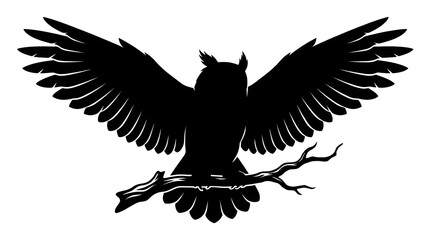 Fototapeta premium Owl silhouette, black bird icon, winged animal symbol, white background