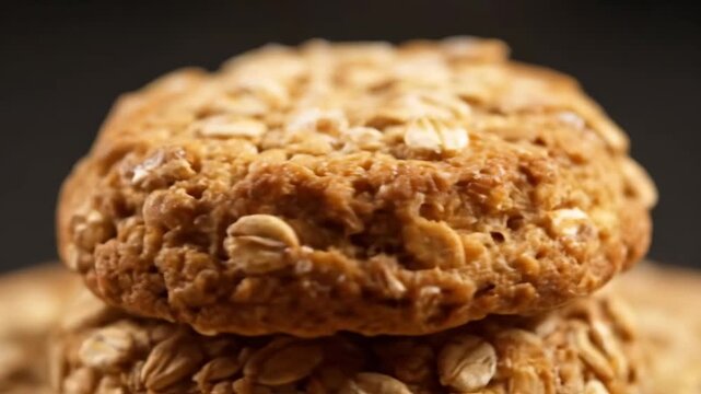 Extreme close-up macro shot of stacked homemade oatmeal cookies, highlighting the detailed texture of oats and golden brown surface against a dark background.