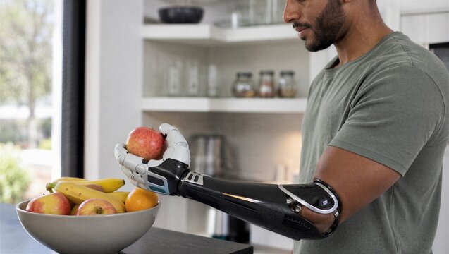 Man with robotic prosthetic hand holding apple in kitchen. Innovative bionic limb with sensory technology for daily activity. Advanced biomechanical arm for amputation rehabilitation.