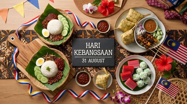 Malaysian National Day Celebration with Traditional Food Nasi Lemak Satay and Ketupat for Hari Kebangsaan August 31.