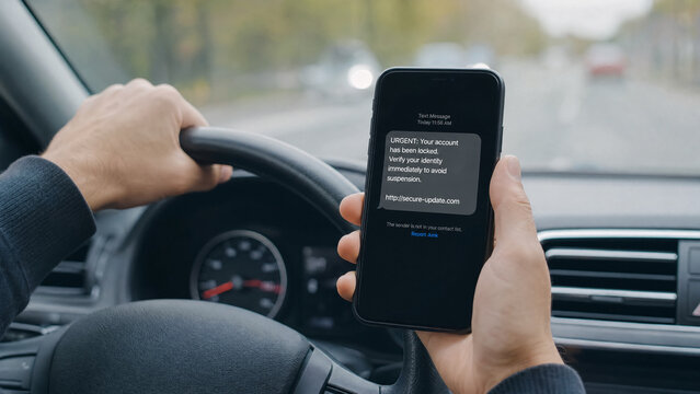 Close up of a smartphone screen displaying a fraudulent scam message notification, warning about suspicious activity and phishing attempts in a modern digital cybersecurity concept.