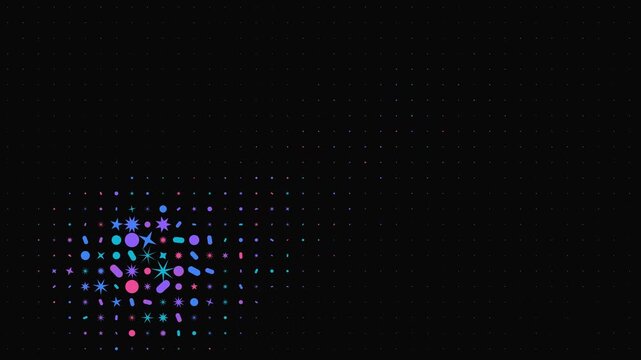 Glowing neon particles and abstract shapes float across a dark void background in a cinematic 3D animation loop with a pink and blue palette