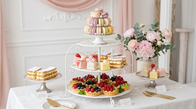 Elegant dessert table setup with a three-tiered stand of assorted pastries and cakes, adorned with fresh flowers in a soft, pastel-colored room with a white tablecloth.