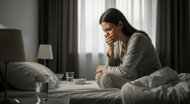 Depressed young woman sitting on bed feeling nauseous and crying in a dimly lit bedroom