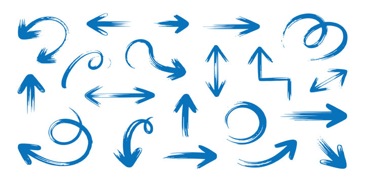 Collection of hand drawn blue brush stroke arrows in various curved and straight shapes vector illustration background.