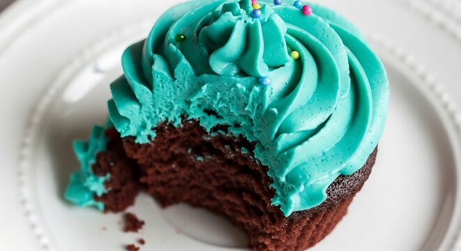 Cupcake with turquoise frosting and bite mark