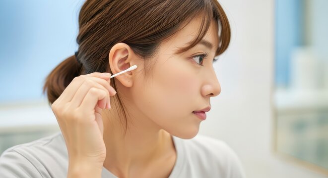 Beautiful Young Asian Woman Cleaning Her Ear with a Cotton Swab, Personal Hygiene and Self-Care Routine