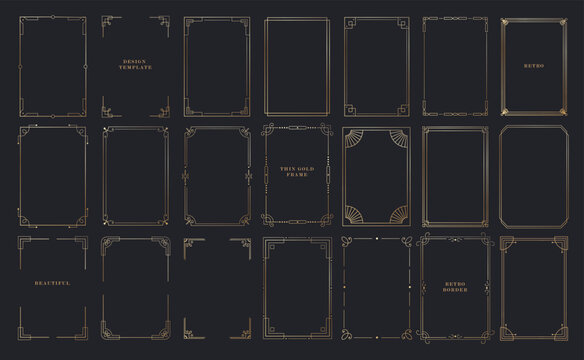 Collection of vintage thin gold frames, borders, labels. Art deco rectangle gold frame for nvitations, packaging luxury decorative templates. 