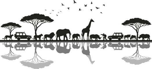 African Safari Wildlife Silhouette: Landscape Vector with Water Reflection © Shoaib