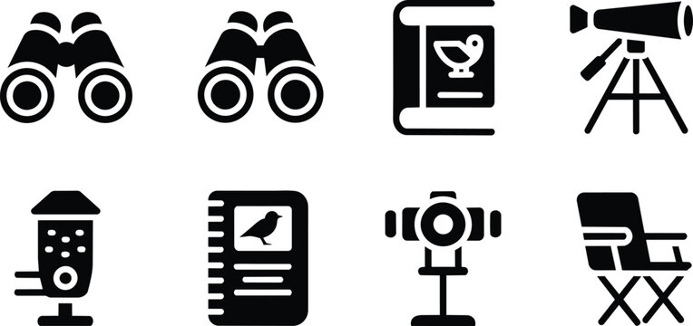 Bird watching equipment icons set, binoculars, telescope, book and chair and feeder, folding and camera tripod
