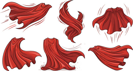 Red superhero cape vector set with dynamic comic book motion lines flowing flying blowing cloaks and hero garment isolated on white background © Sukhi