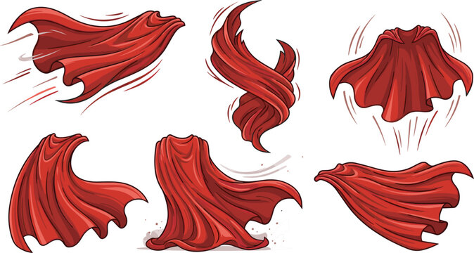 Red superhero cape vector set with dynamic comic book motion lines flowing flying blowing cloaks and hero garment isolated on white background