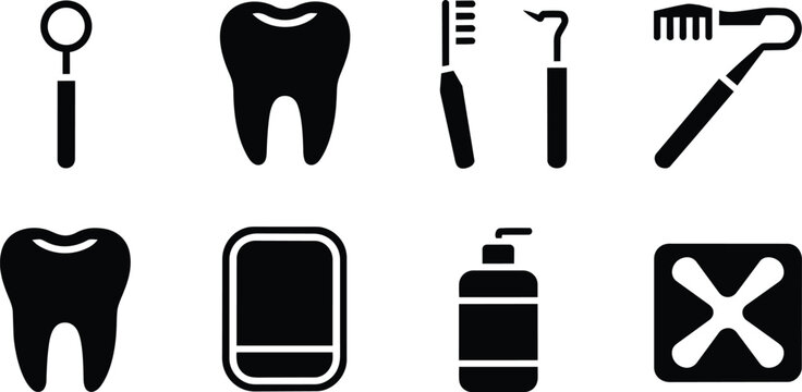 Dental hygiene icons tooth, brush, scaler, mirror, soap, and checkmark and instrument, oral and health and items and tools