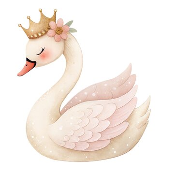 Watercolor illustration of a cute swan princess wearing a golden crown and a flower isolated on white