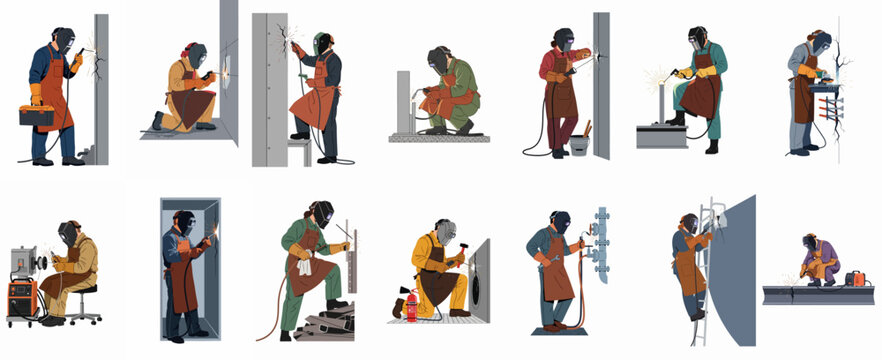 Flat vector illustrations of professional welders in protective gear performing various industrial welding and metalworking tasks on a white background.