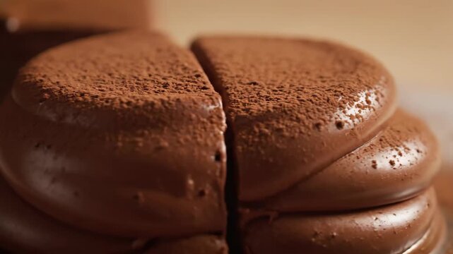 Decadent extreme close-up of rich chocolate mousse topped with fine cocoa powder dusting, showing smooth, creamy texture and confectionery detail.
