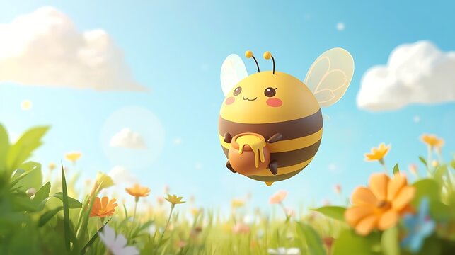 Cute 3D bee character flying over a colorful spring flower meadow holding a pot of golden honey