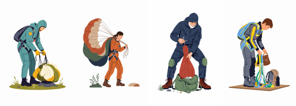 Flat vector illustrations of skydivers and parachutists packing and carrying their parachutes and equipment after a successful jump.