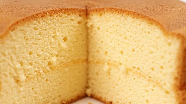 Extreme close-up of soft and fluffy sponge cake slice texture. detailed cross-section of fresh baked golden vanilla dessert or pastry surface.