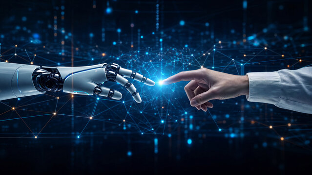 Human hand and a sophisticated robotic hand reaching toward each other through a glowing blue digital network of neural connections and binary data streams, representing machine learning future.