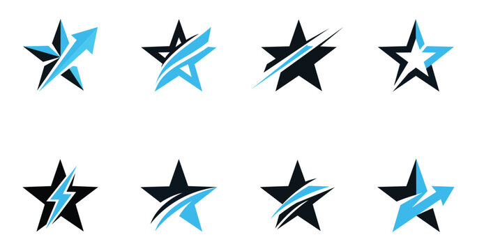 Set of abstract star logo icons with arrow and lightning bolt dynamic elements