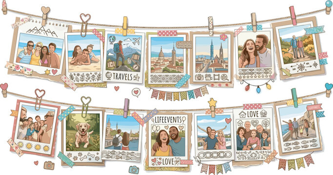 Cute travel photo frame vector set hanging on string garland with clothes pegs washi tape stickers and family vacation memory snapshots on white background