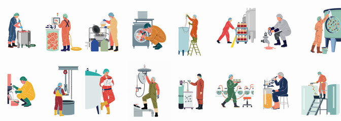 Fototapeta premium Vector illustration set of industrial and laboratory workers performing various tasks in food processing, chemical production, and scientific research environments.