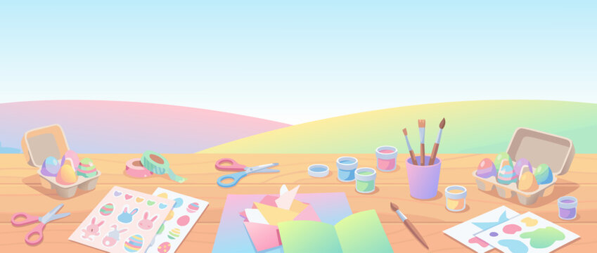 Panoramic vector banner illustration of a playful kids Easter craft desk featuring colorful paper eggs, safety scissors, glue, stickers, and spring decorations for festive holiday DIY projects.