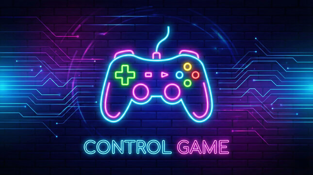 Neon video game icon control game vector illustration. light banner
