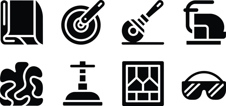 Pizza cutter and safety glasses, paper roll, and clip art icons set and apparel accessory and digital in outline style