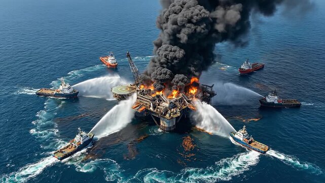 Aerial view of firefighting boats extinguishing a fire on an offshore oil rig. Industrial disaster at sea with flames and black smoke. Environmental crisis concept