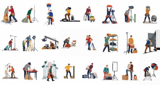 Comprehensive Collection of Flat Vector Illustrations Showing Film Crew Members and Grips Performing Various Tasks on a Movie Set.