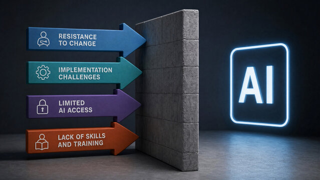 Colorful directional arrows labeled resistance to change, implementation challenges, limited AI access and lack of skills facing a concrete wall beside a glowing artificial intelligence sign