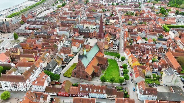 Aerial view of Saint Olaf Church and historic center, Helsingor city, Denmark