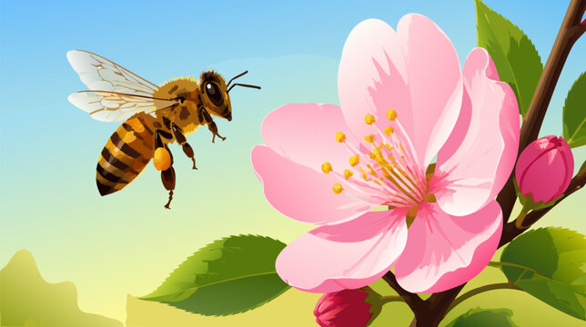 Honey bee flying near a blooming flower in a garden representing nature pollination and spring environment with clean flat vector design and vibrant colors for eco-friendly concepts.