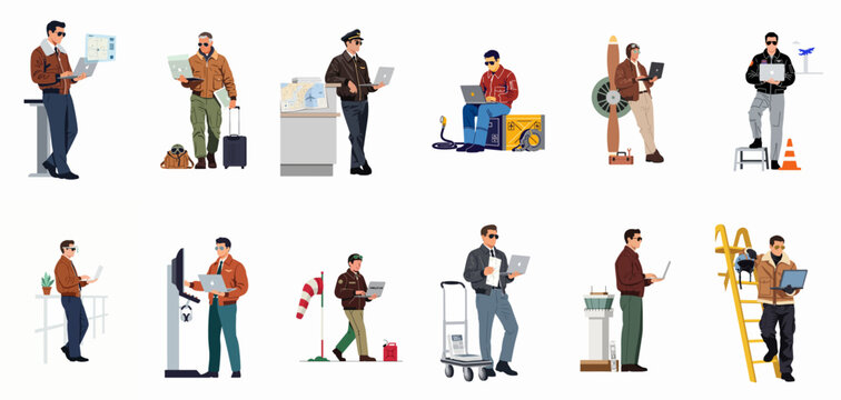 Set of flat illustrations featuring modern pilots and aviation professionals using laptops and digital technology in various airport and hangar settings.