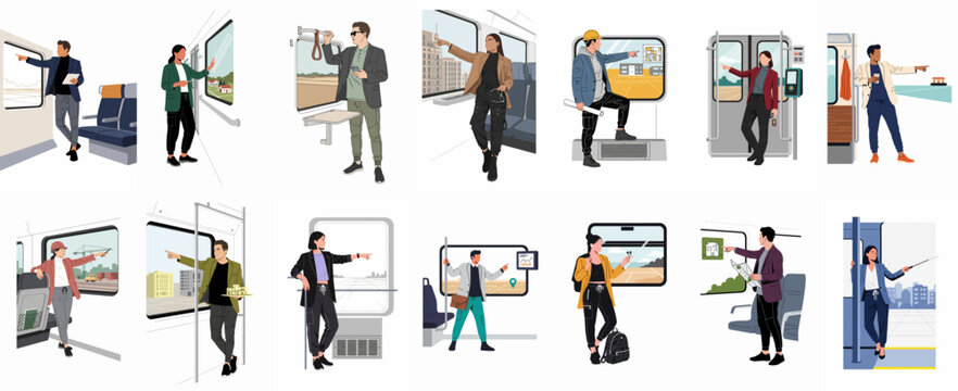 Set of minimalist vector illustrations featuring people inside a train or subway, commuting and pointing out of windows at various urban landscapes and maps.