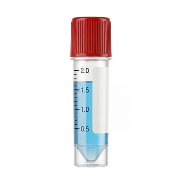 Cryogenic Sample Storage Vial with Red Screw Cap and Blue Liquid Isolated on White Background