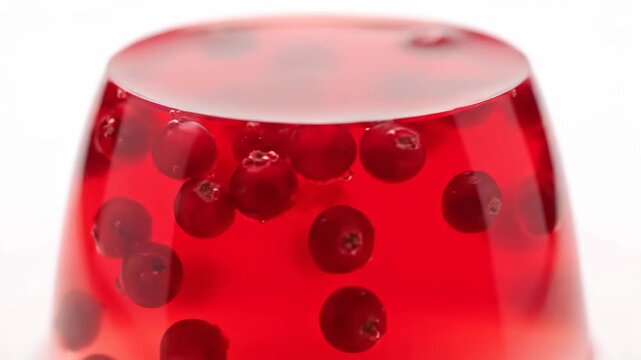 Close-up macro shot of vibrant red berry jelly dessert with fresh whole cranberries suspended in translucent gelatin against a bright white background.