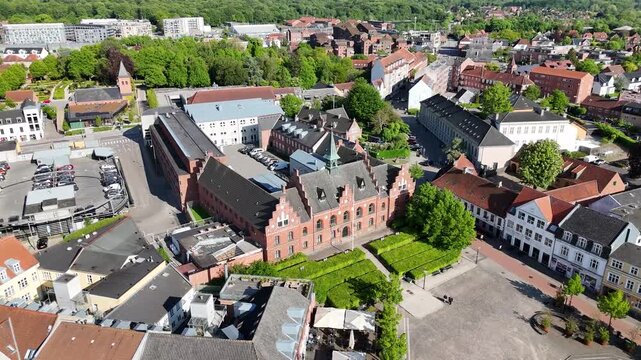 Drone shot of Old Town Hall building, Hillerod city, Denmark