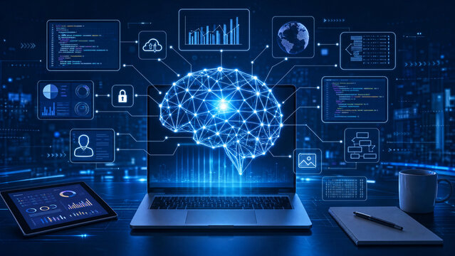 High-tech visualization of global data networks and glowing fiber optic connections weaving through a digital landscape, representing the interconnected future of artificial intelligence concepts.