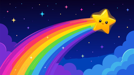 Fototapeta premium Vibrant shooting star with a bright rainbow colored trail streaking across the sky, colorful comet meteor fall flat vector illustration for magical celestial events and cosmic space design.